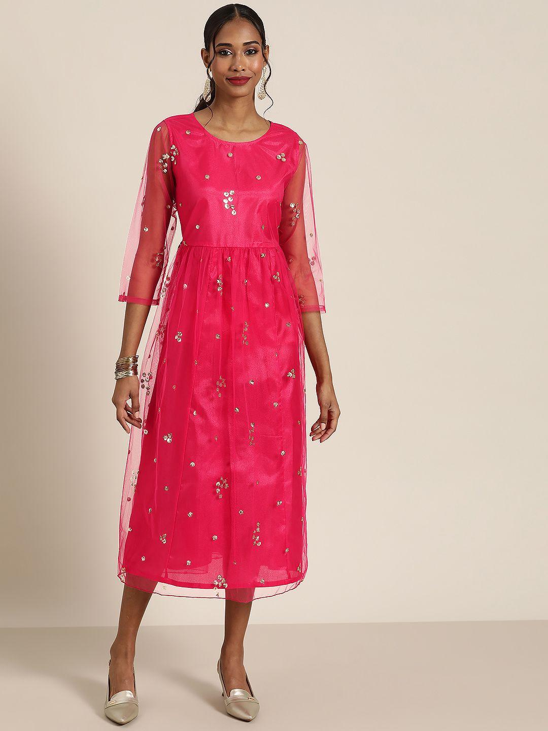 shae by sassafras fuchsia & gold-toned ethnic a-line midi dress