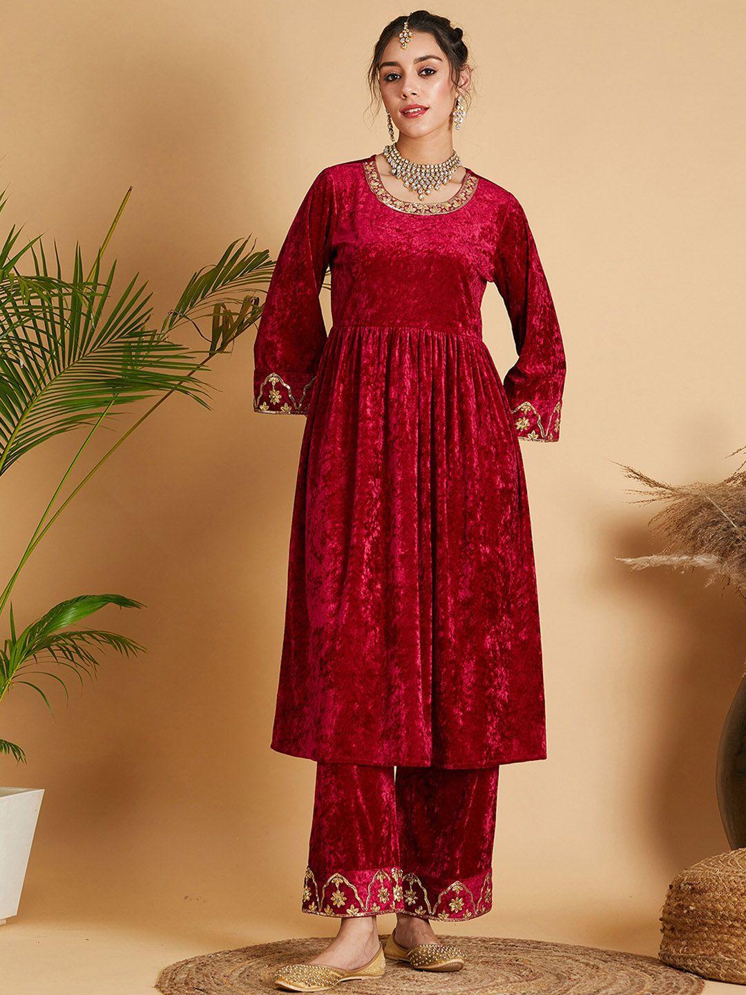 shae by sassafras fuchsia floral embroidered velvet  flared sleeves kurta