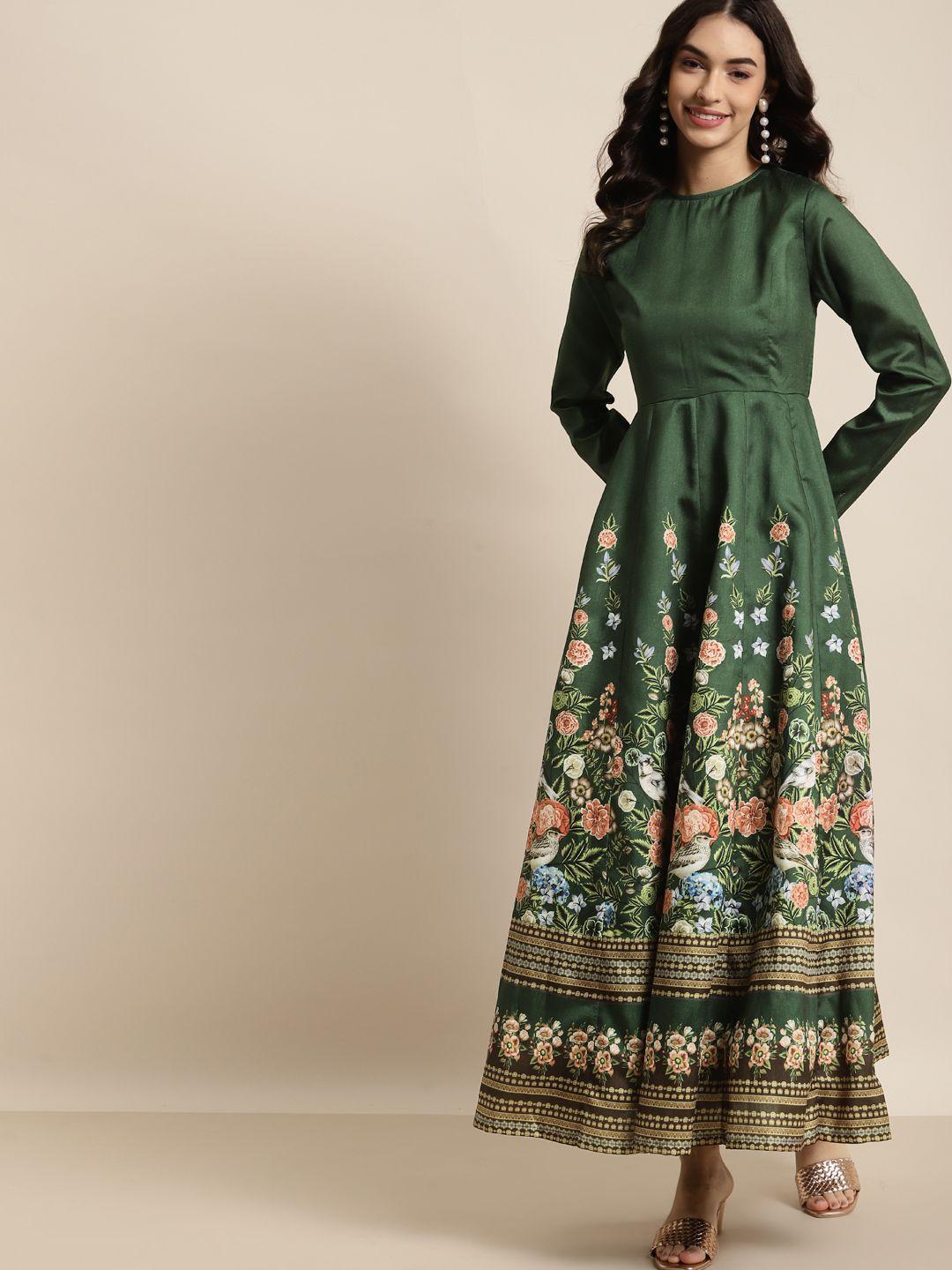 shae by sassafras green & gold-toned floral anarkali maxi dress