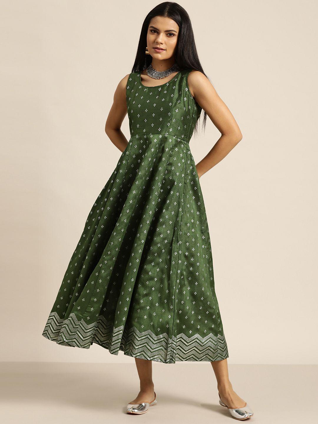 shae by sassafras green & silver ethnic motif printed a-line midi dress