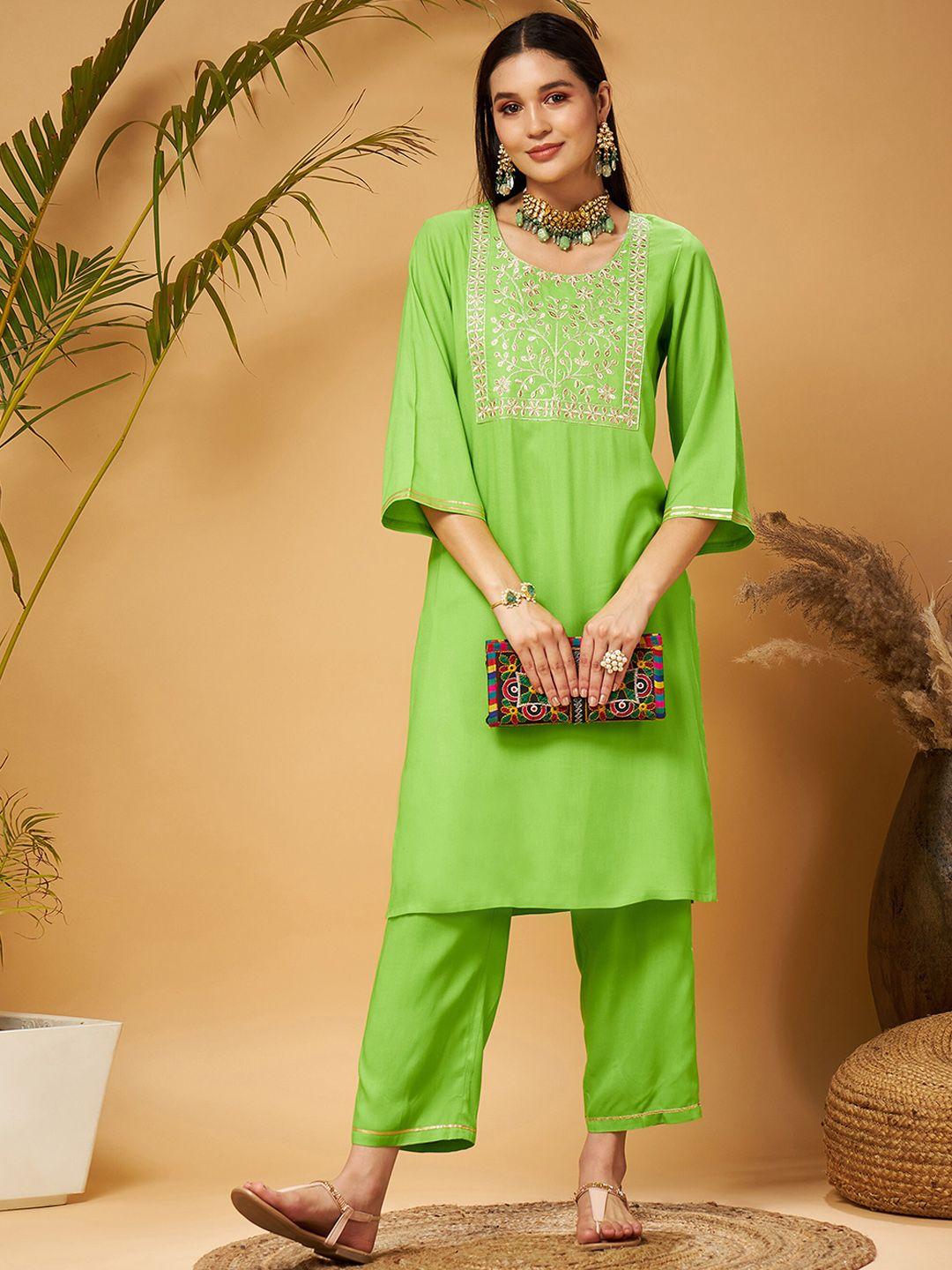 shae by sassafras green floral yoke design v-neck thread work kurta with trousers