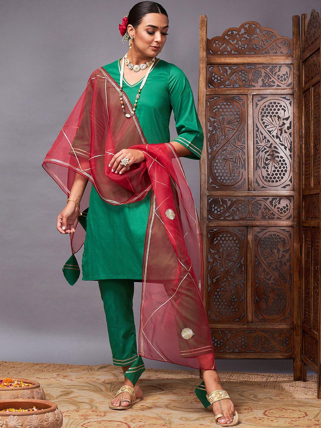 shae by sassafras green v-neck kurta with trousers & dupatta