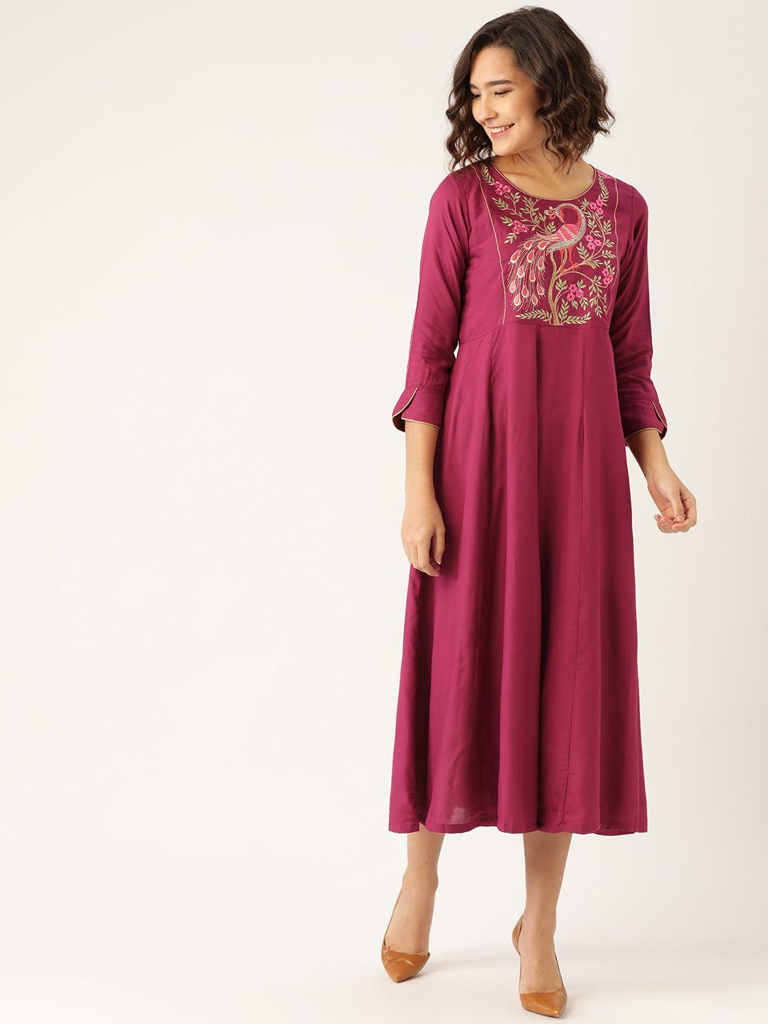 shae by sassafras magenta peacock motif embroidered a-line midi dress