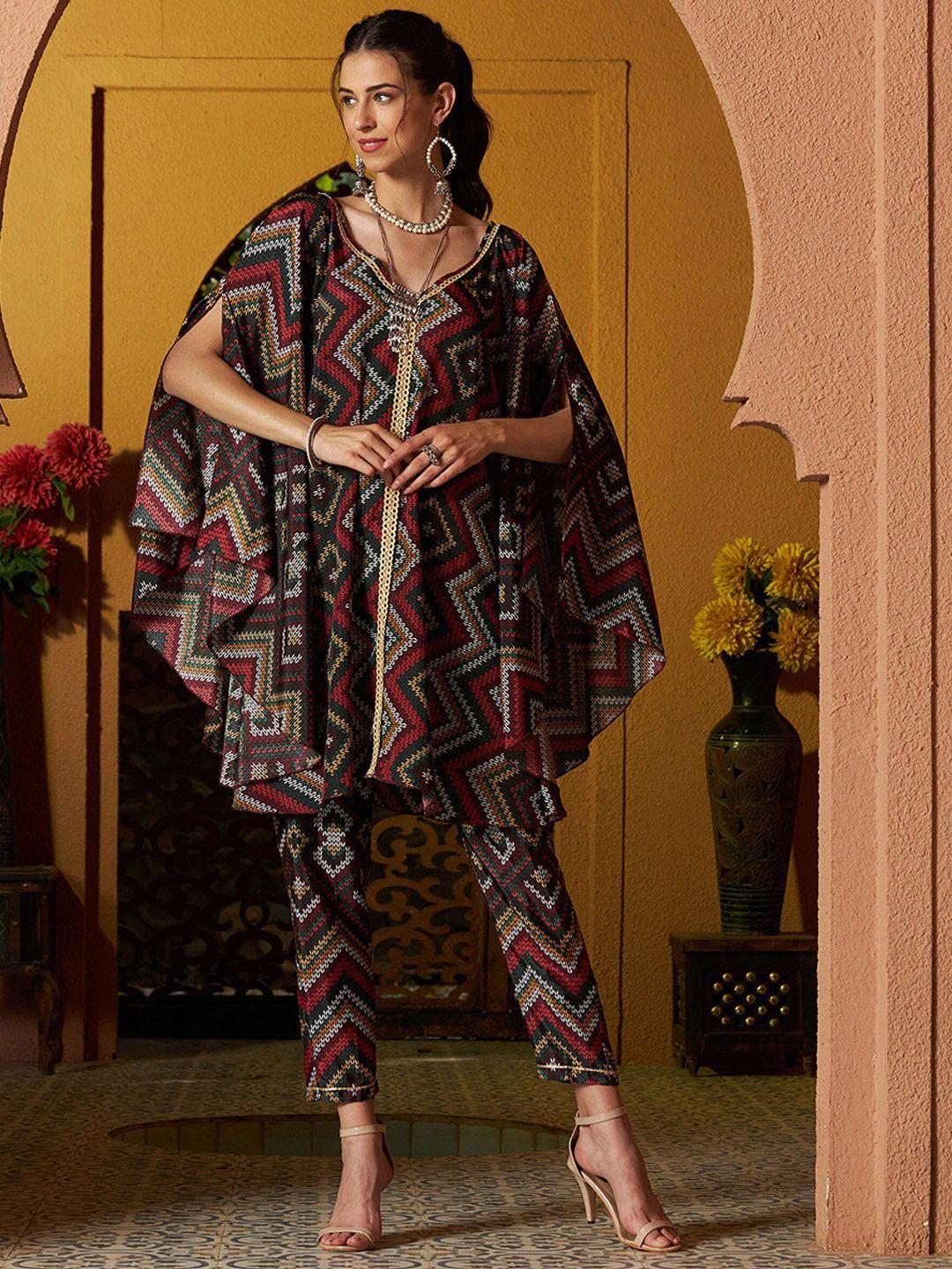 shae by sassafras maroon & green chevron printed kaftan with trousers co-ords