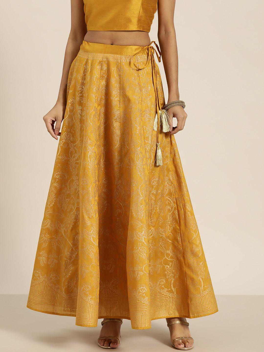 shae by sassafras mustard yellow & golden foil ethnic motif print flared maxi skirt