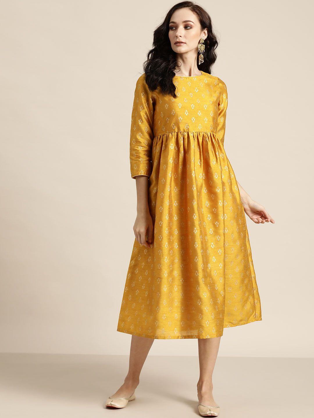 shae by sassafras mustard yellow & off white floral a-line midi dress