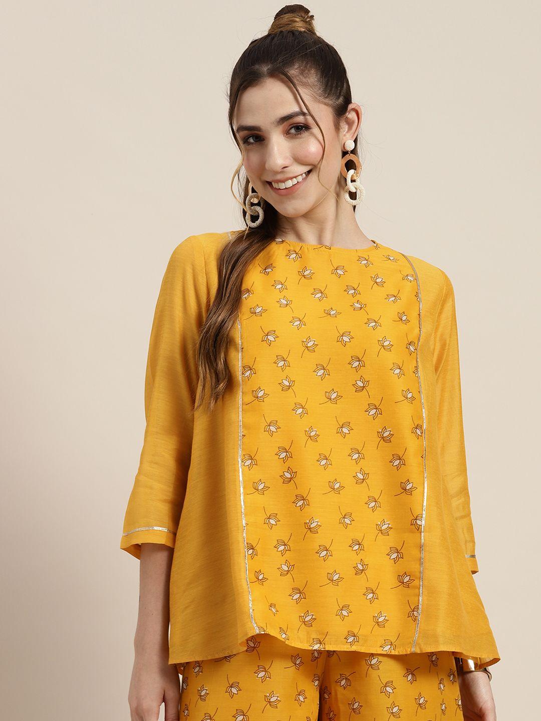 shae by sassafras mustard yellow & white floral print gotta patti work top