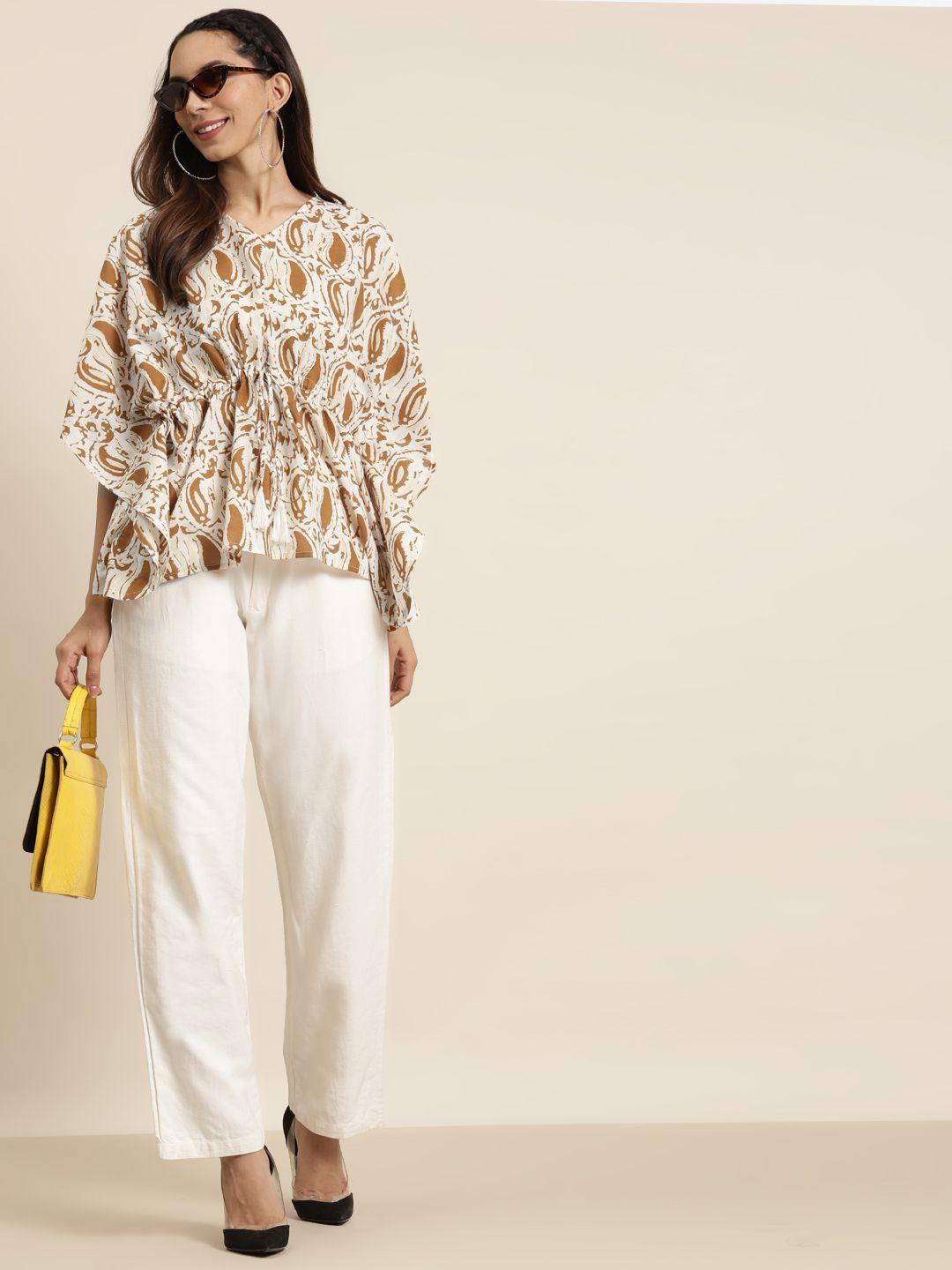 shae by sassafras off white & brown printed pure cotton kaftan top