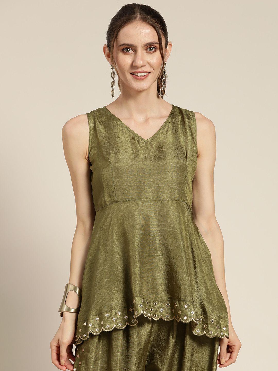 shae by sassafras olive green embroidered mirror work peplum top