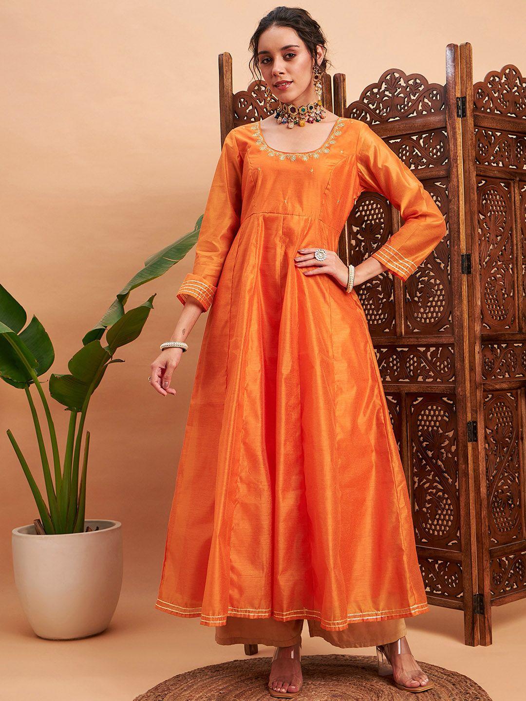 shae by sassafras orange embroidered chanderi silk anarkali kurta