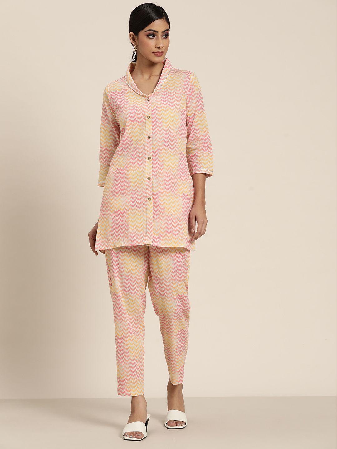 shae by sassafras pink & beige printed sustainable shirt with straight trousers