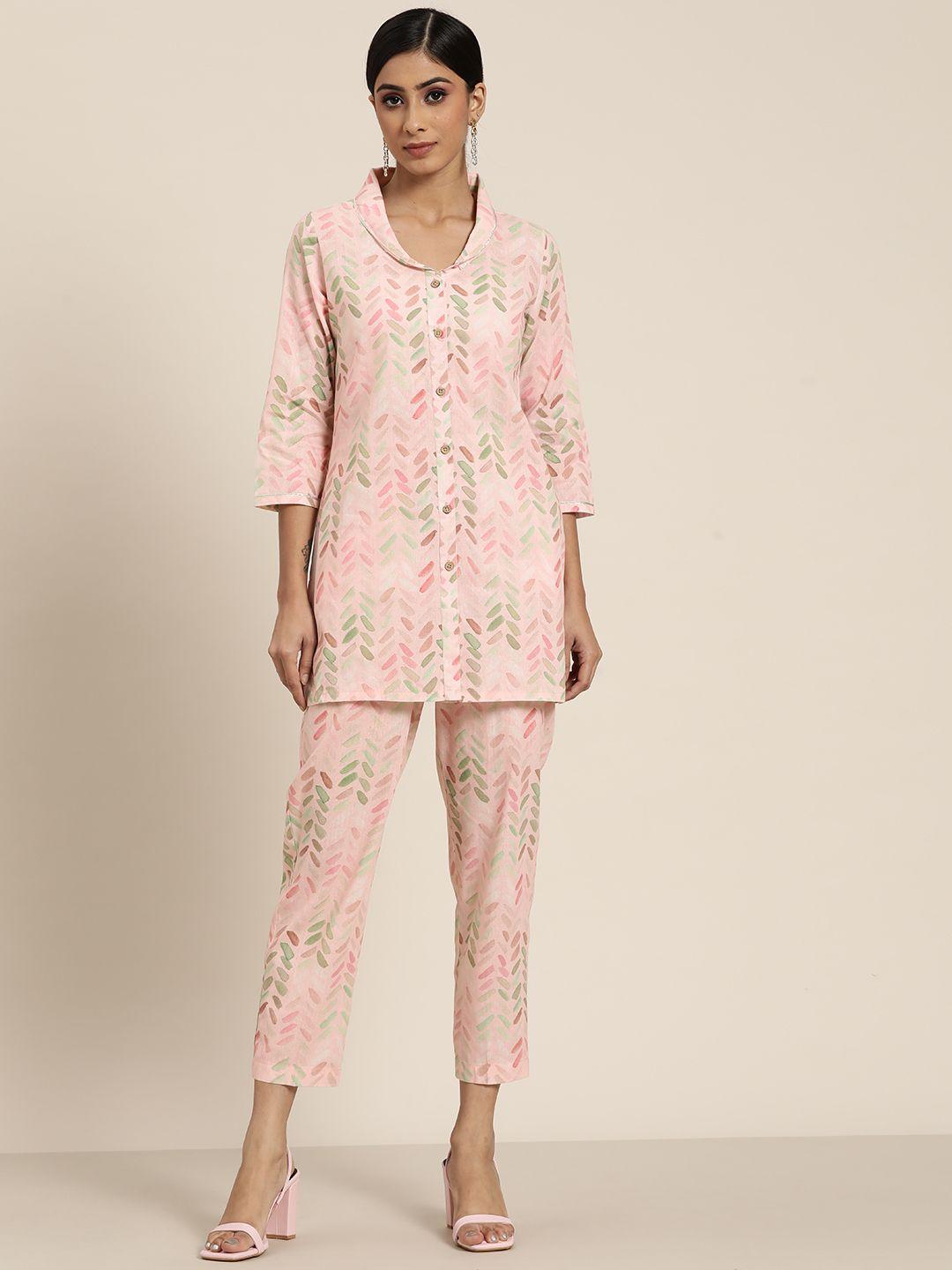 shae by sassafras pink chevron printed sustainable tunic with straight trousers