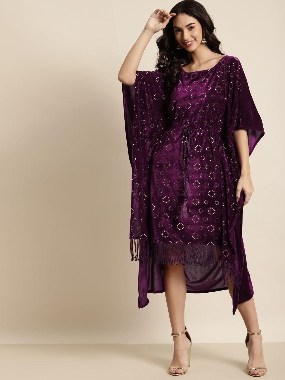 shae by sassafras purple fringed velvet foil print kaftan dress