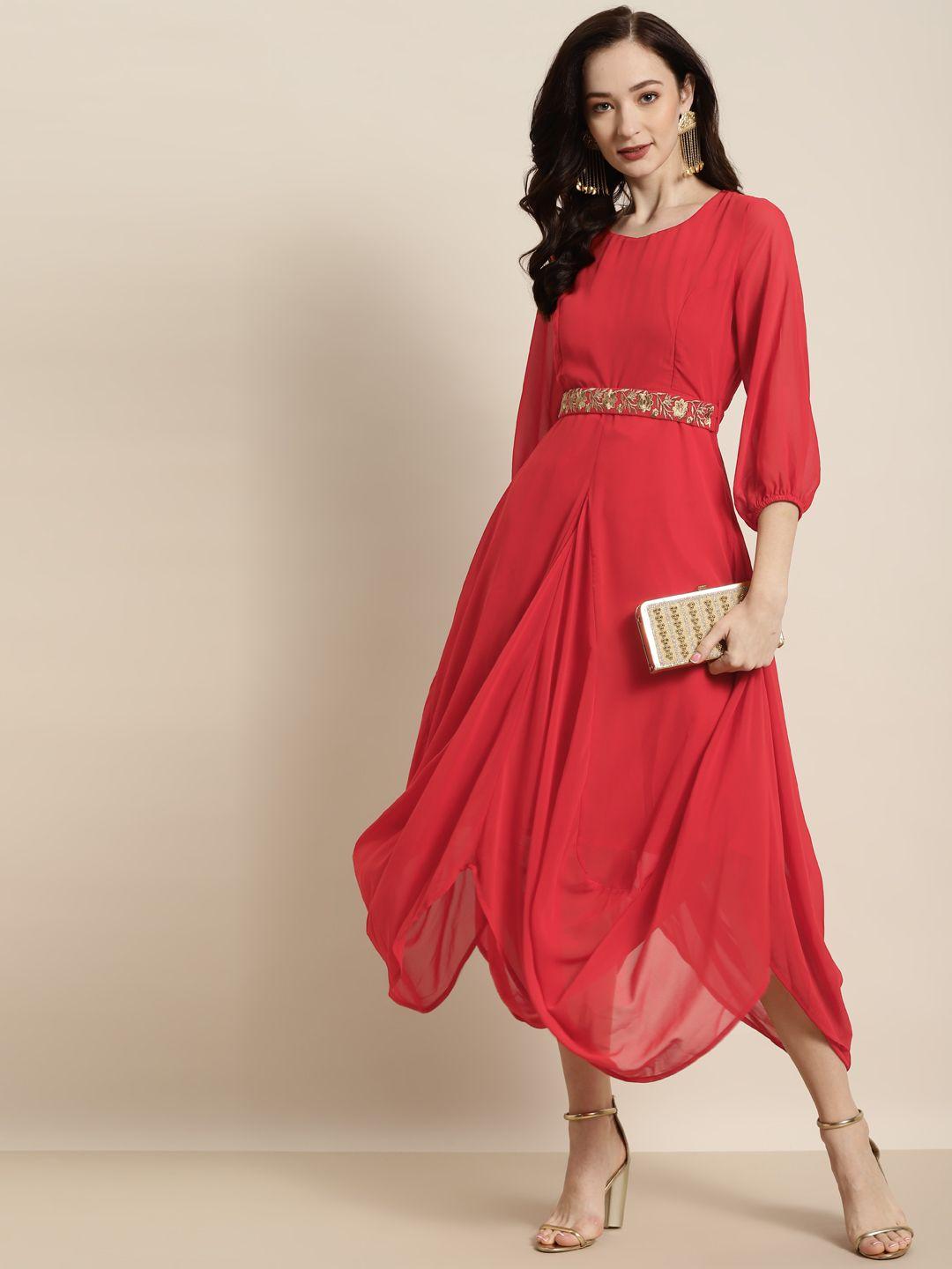 shae by sassafras red georgette ethnic embroidered belt dhoti dress