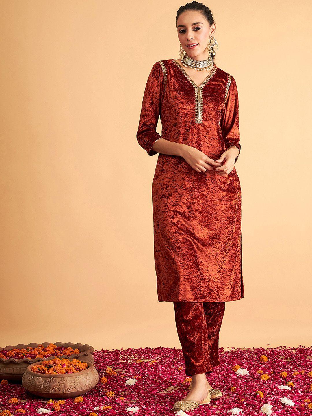 shae by sassafras rust sequinned velvet straight kurta