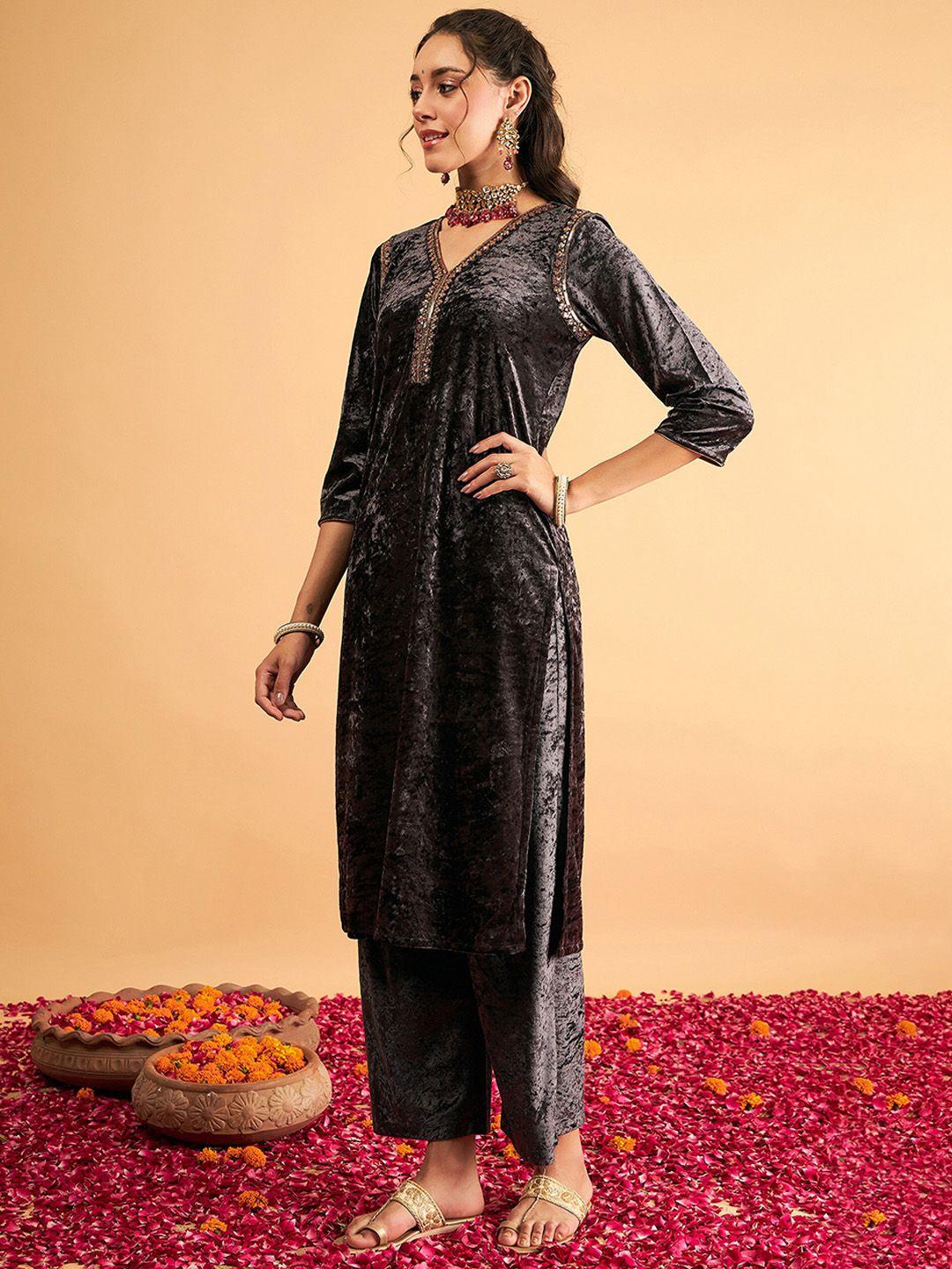 shae by sassafras sequined velvet straight kurta