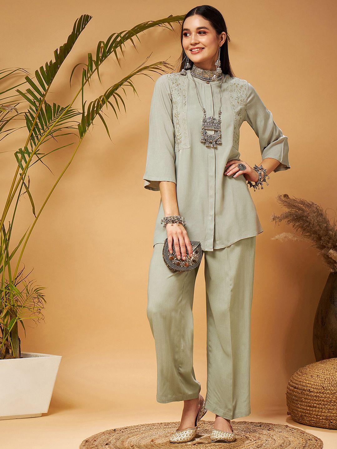 shae by sassafras taupe embroidered tunic with palazzos