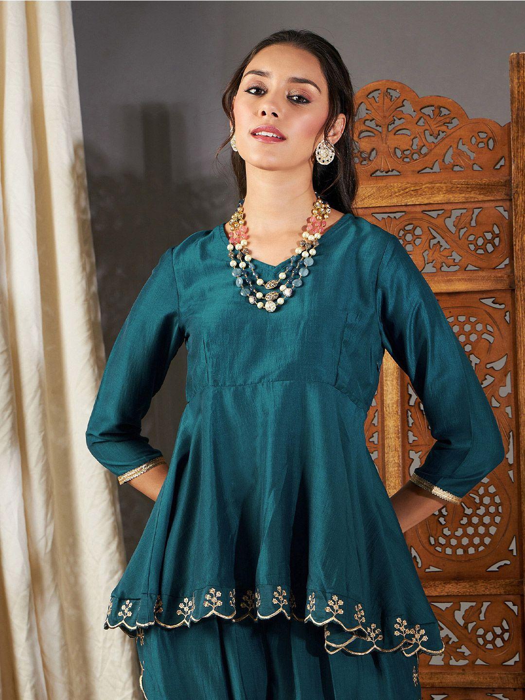 shae by sassafras teal green embroidered v-neck a-line