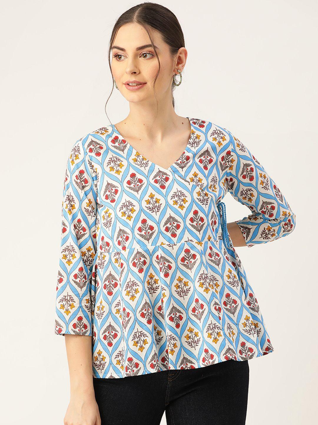 shae by sassafras white & blue ethnic motifs print wrap top