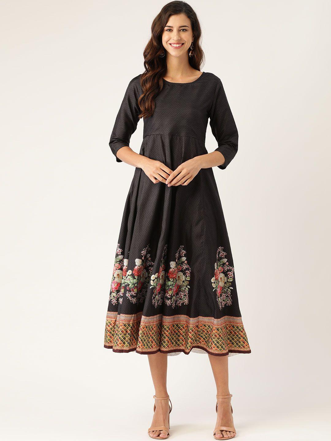 shae by sassafras women black & coral red ethnic motifs print panelled a-line dress