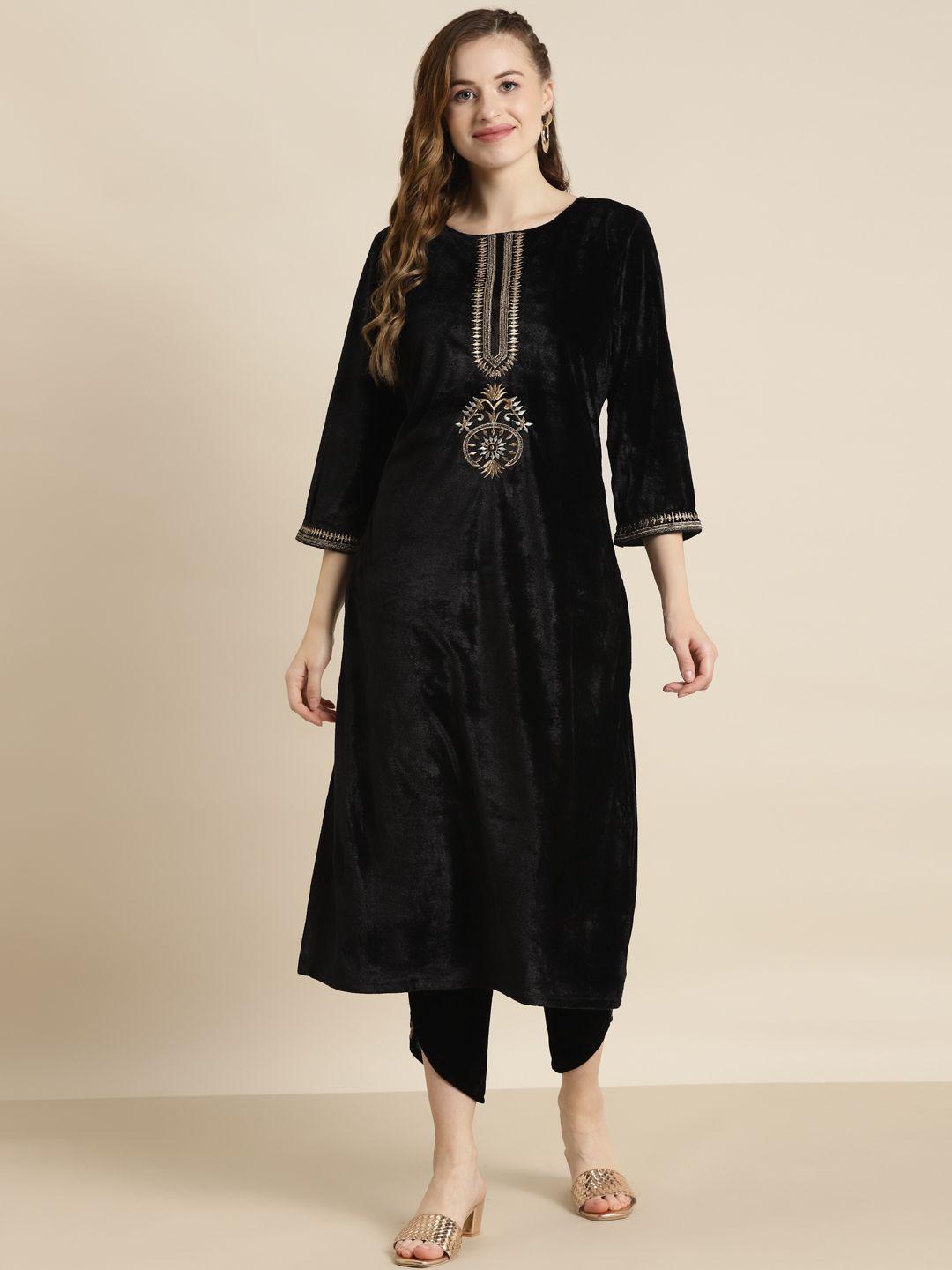 shae by sassafras women black & gold-toned ethnic motifs embroidered velvet kurta