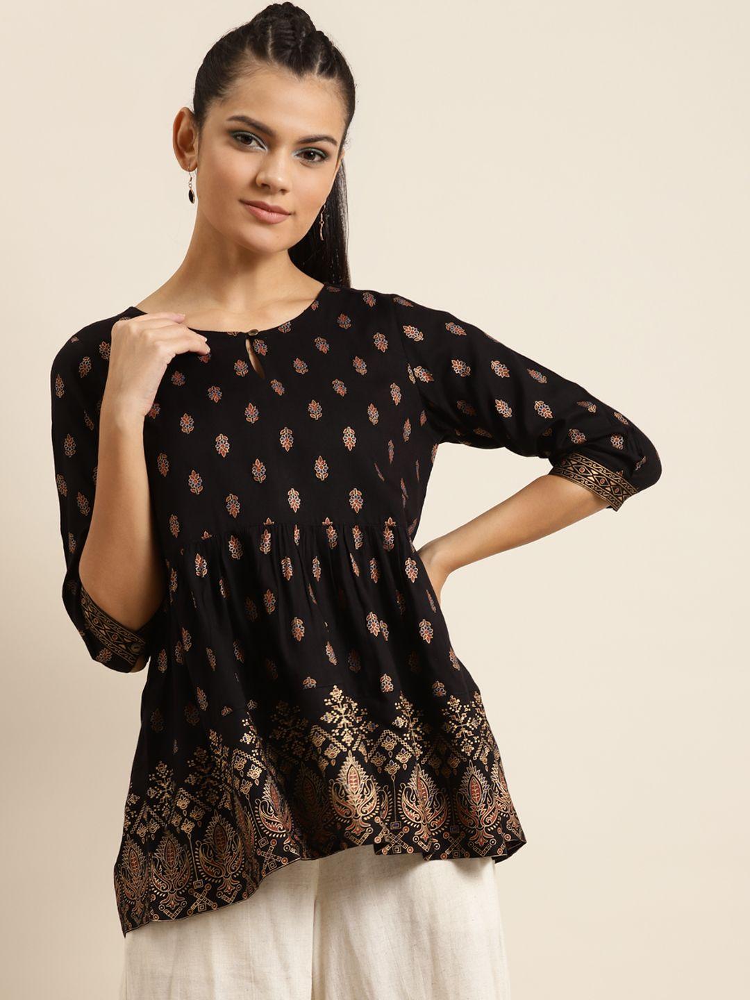 shae by sassafras women black & golden ethnic motifs print keyhole neck liva a-line top