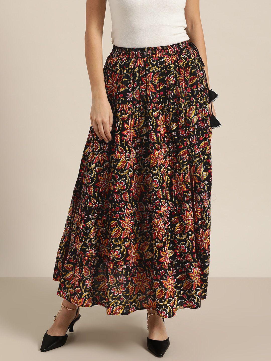 shae by sassafras women black & mustard yellow pure cotton floral print maxi tiered skirt