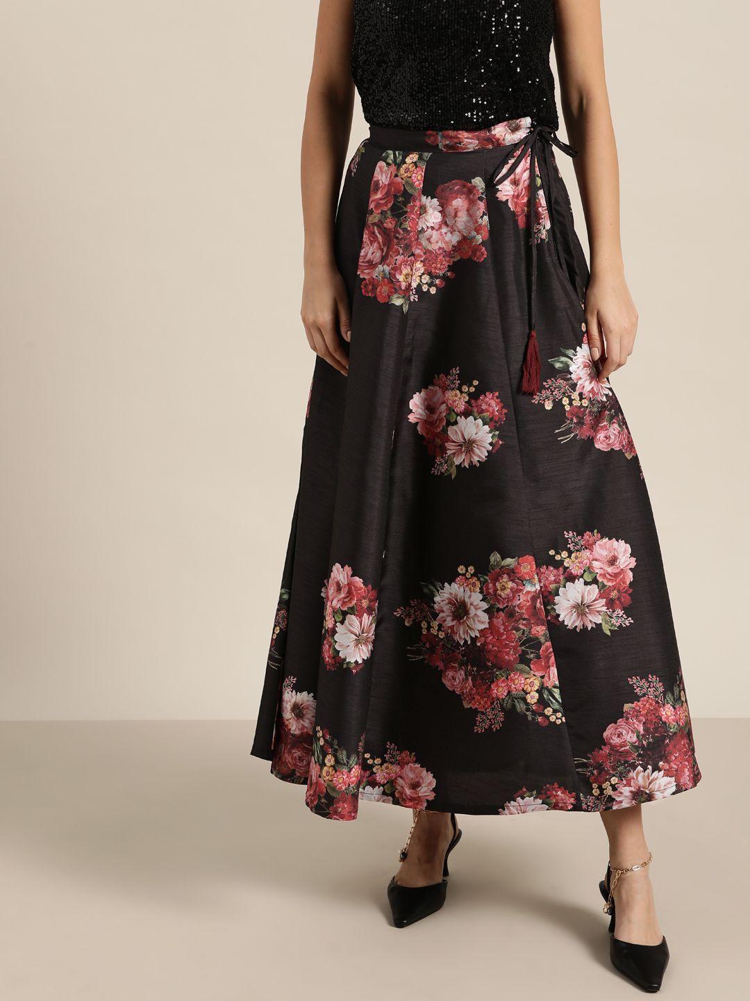 shae by sassafras women black & pink floral print maxi flared skirt