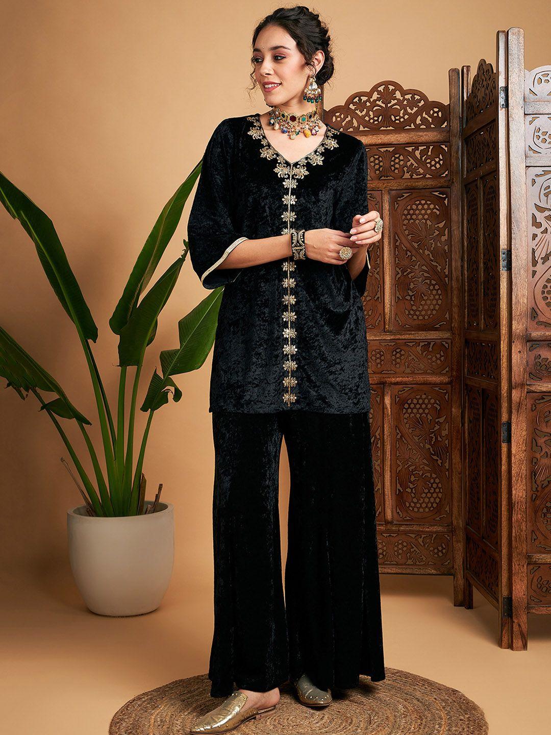 shae by sassafras women black embroidered velvet kurta with palazzos