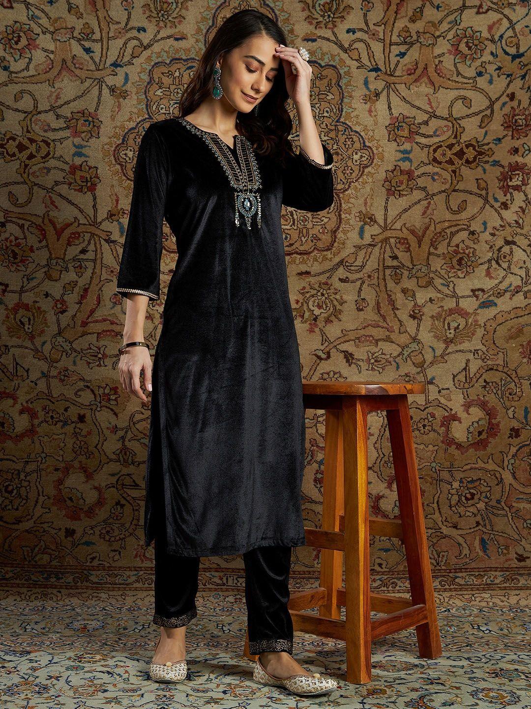 shae by sassafras women black floral embroidered velvet kurta with trouser