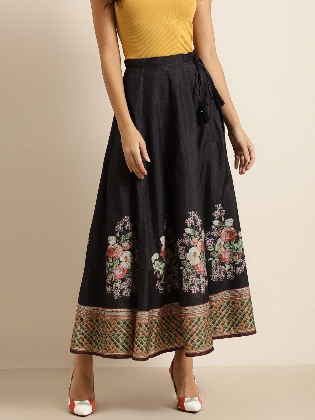 shae by sassafras women black floral print flared maxi skirt