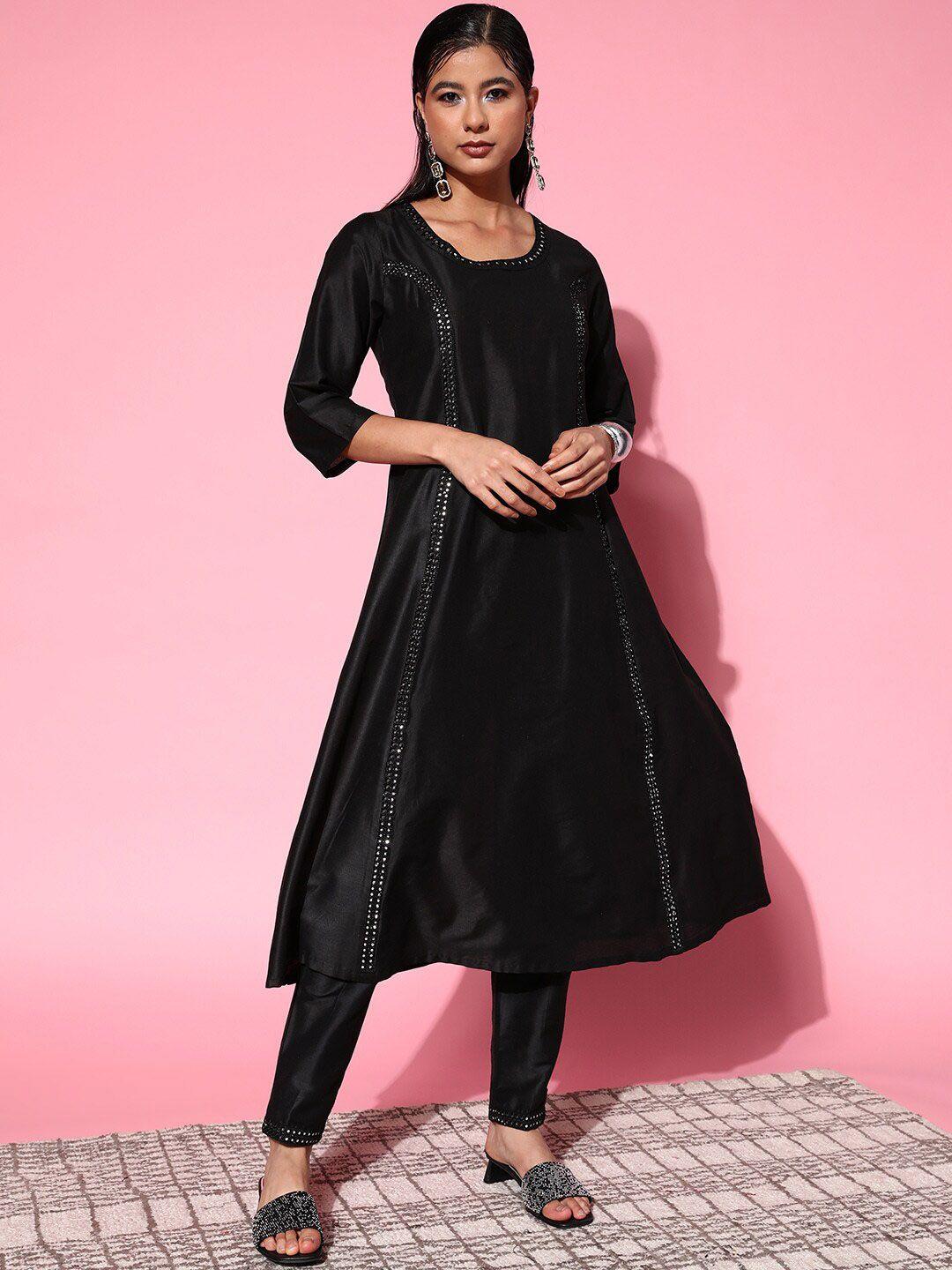 shae by sassafras women black solid mirror work a-line kurta