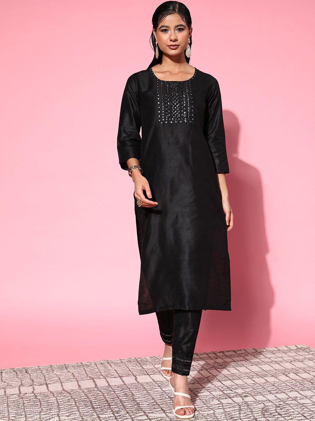 shae by sassafras women black solid yoke design mirror work straight fit kurta