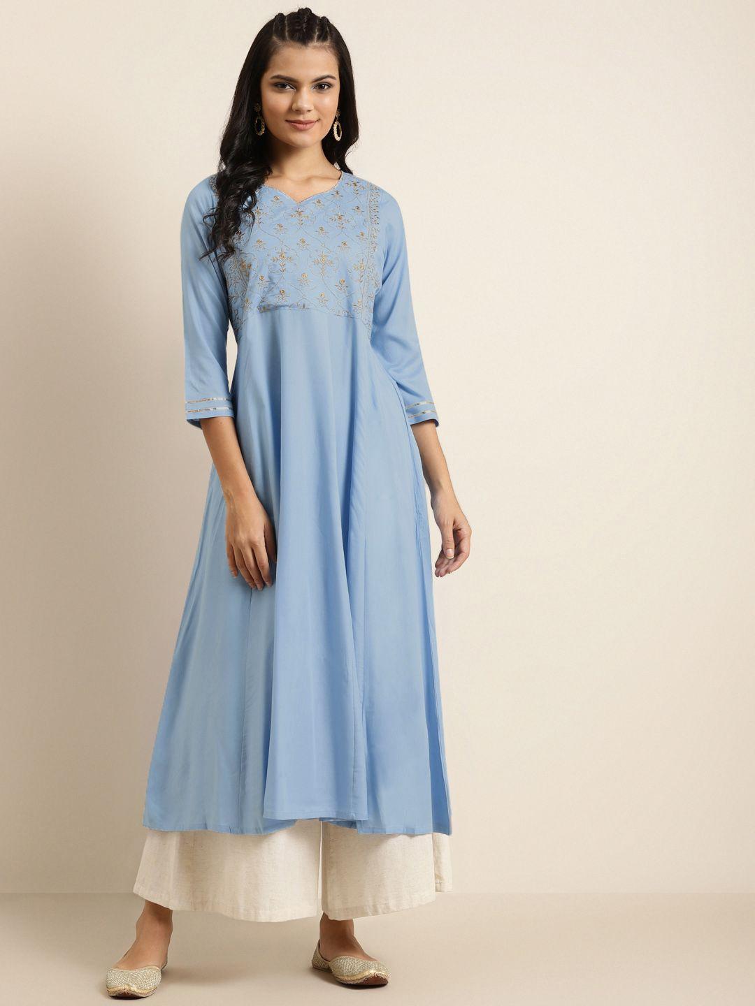 shae by sassafras women blue & golden zari embroidered liva a-line kurta