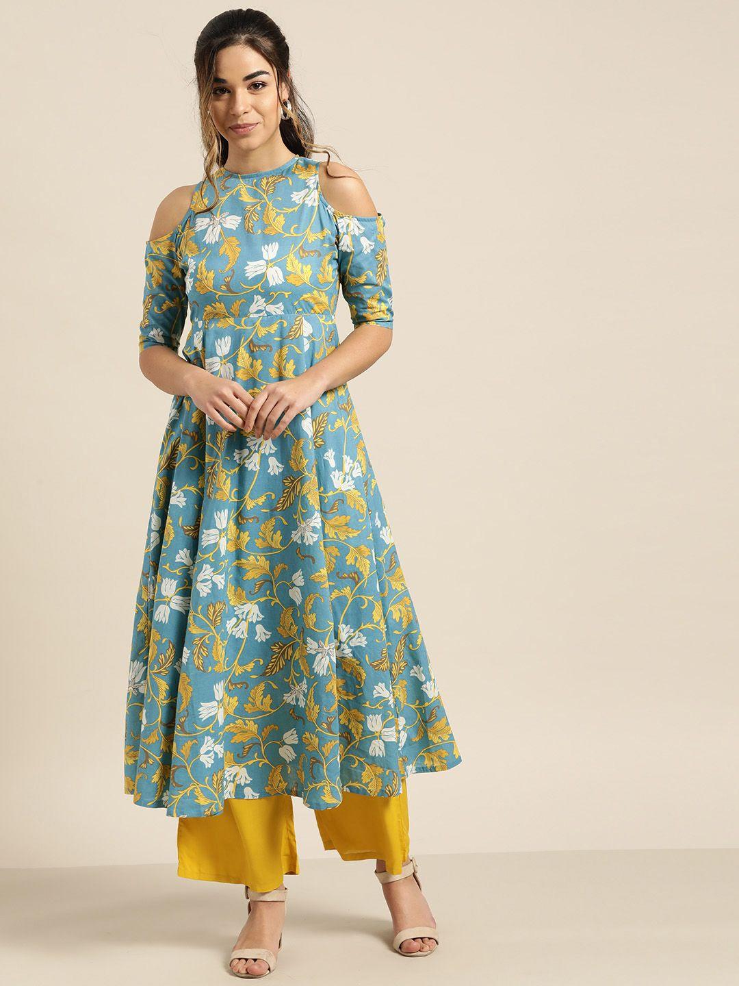 shae by sassafras women blue & mustard yellow printed off-shoulder anarkali kurta