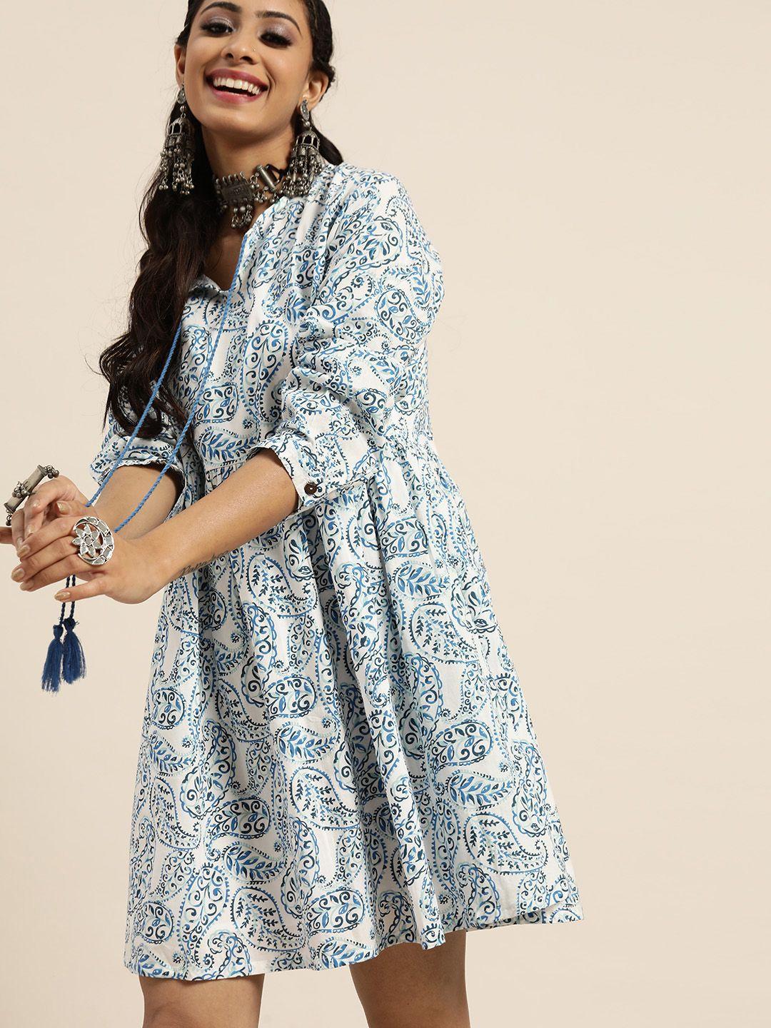 shae by sassafras women blue & white cotton paisley print a-line dress
