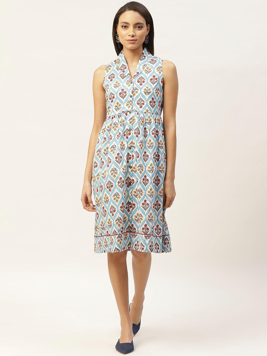 shae by sassafras women blue & white floral printed pure cotton a-line dress