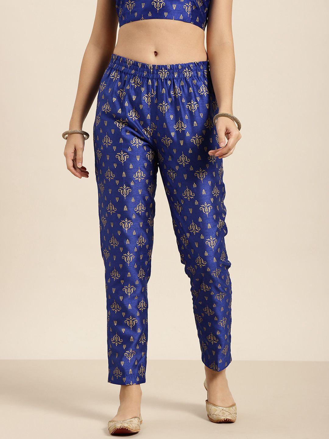 shae by sassafras women blue ethnic motifs printed tapered fit trousers