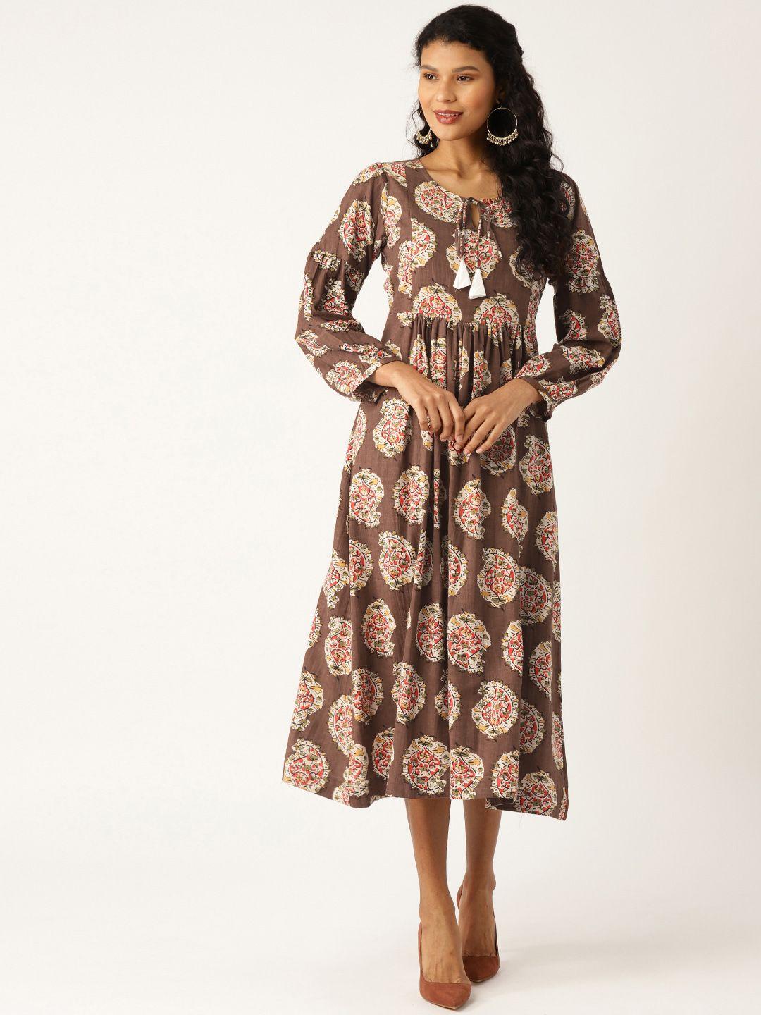 shae by sassafras women brown & off-white printed a-line dress