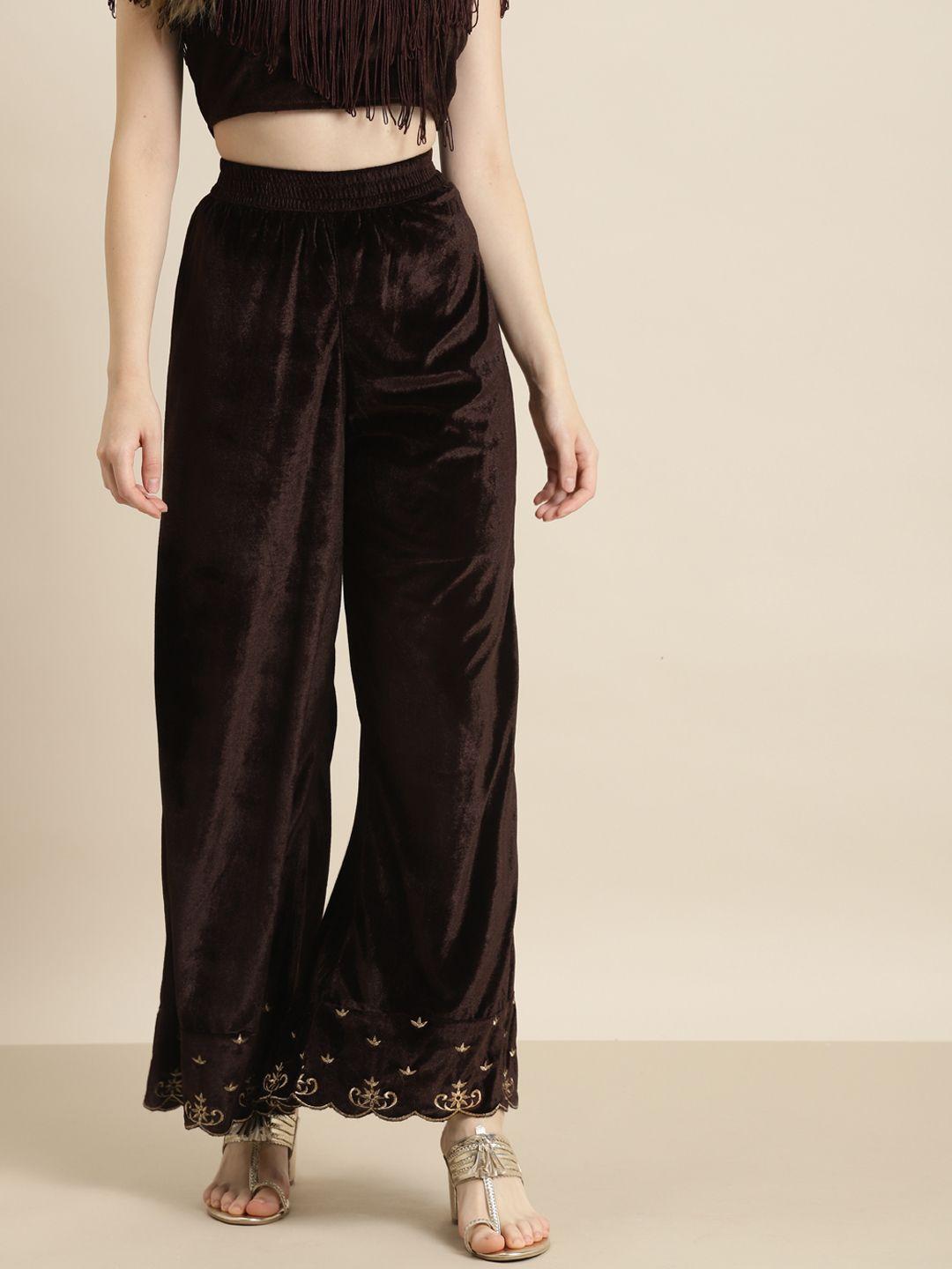 shae by sassafras women brown embroidered parallel trousers