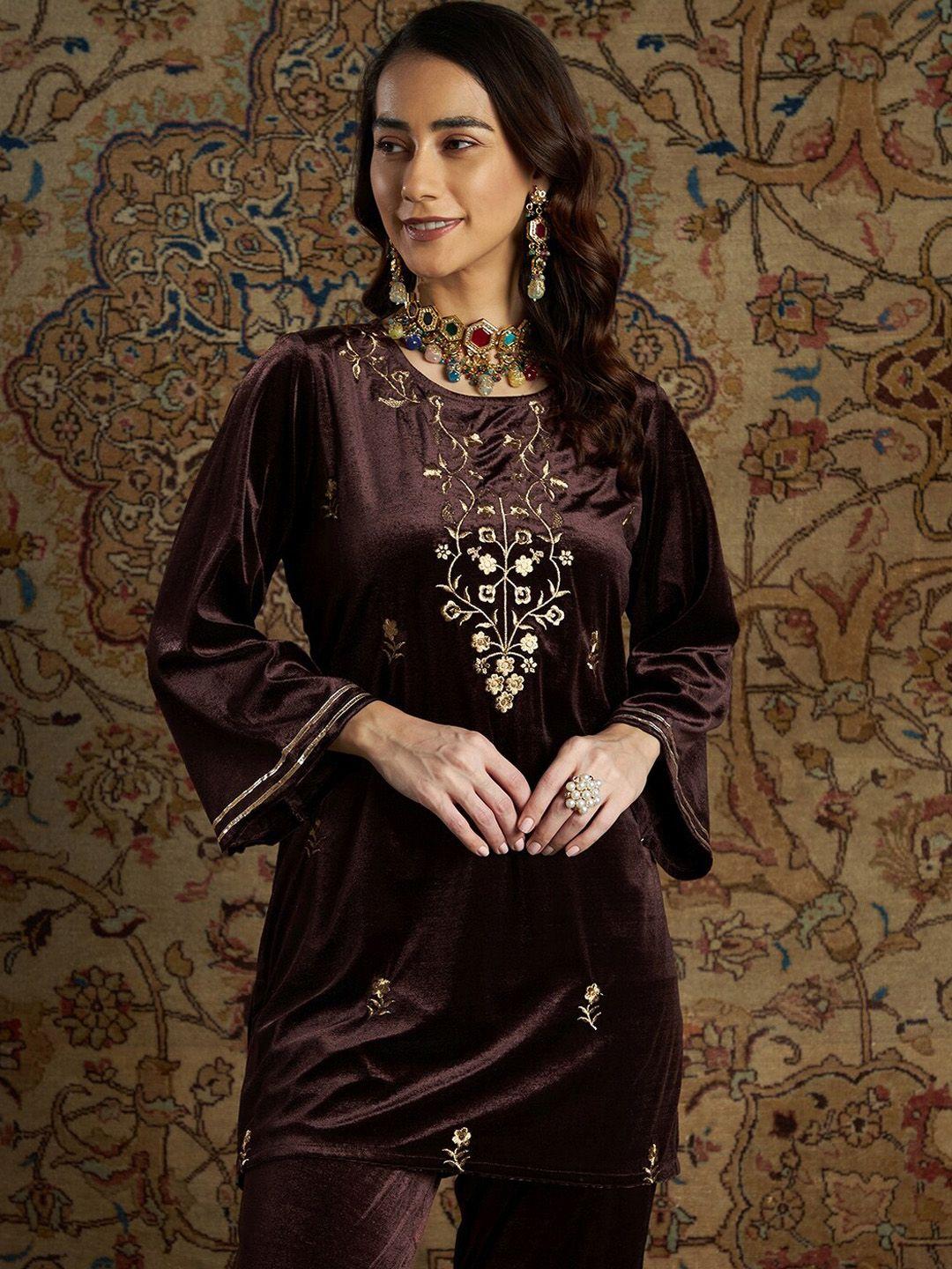 shae by sassafras women brown ethnic motifs embroidered indie prints velvet kurta