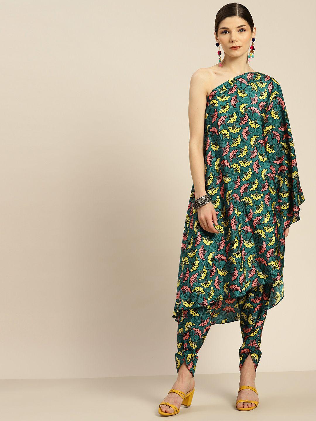 shae by sassafras women green & yellow ethnic motifs printed one shoulder kurta