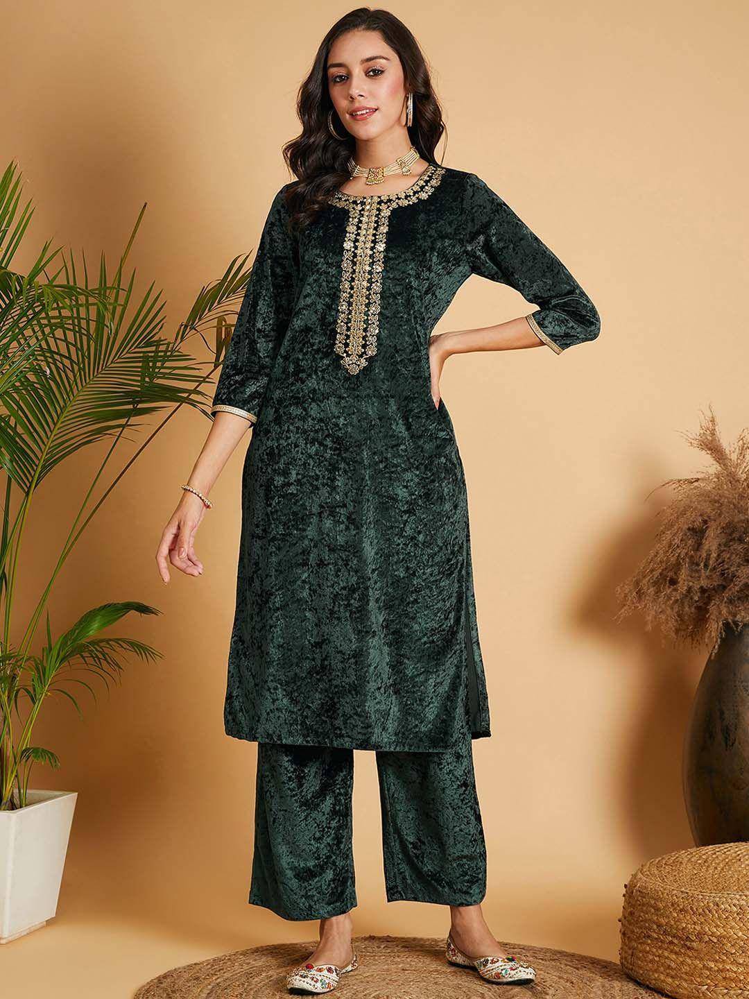 shae by sassafras women green embroidered velvet kurta