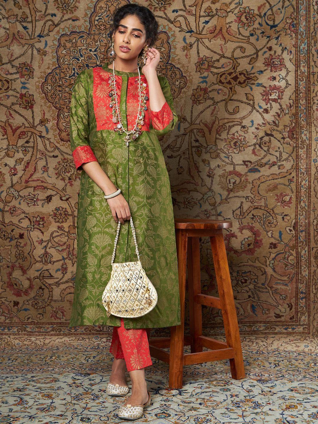 shae by sassafras women green floral yoke design kurta with trouser