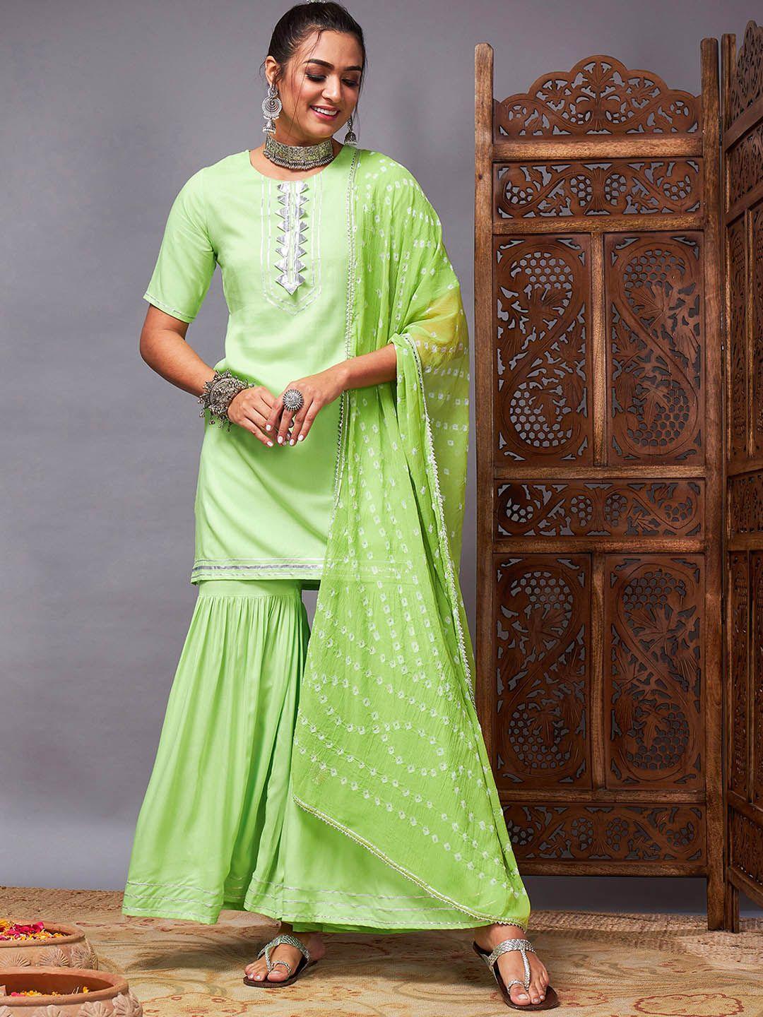 shae by sassafras women green regular kurta with sharara & with dupatta