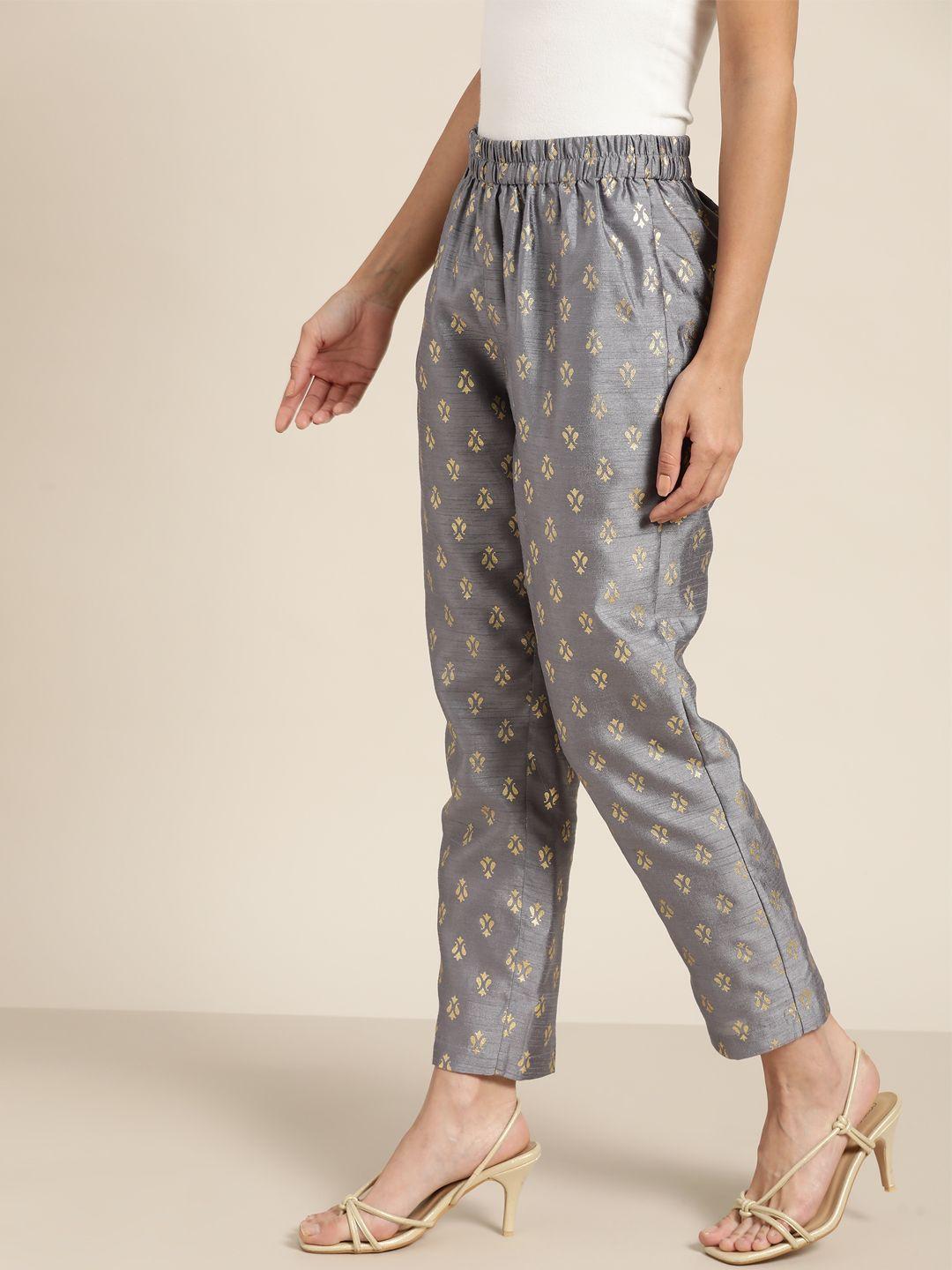 shae by sassafras women grey & golden ethnic motifs printed pleated trousers