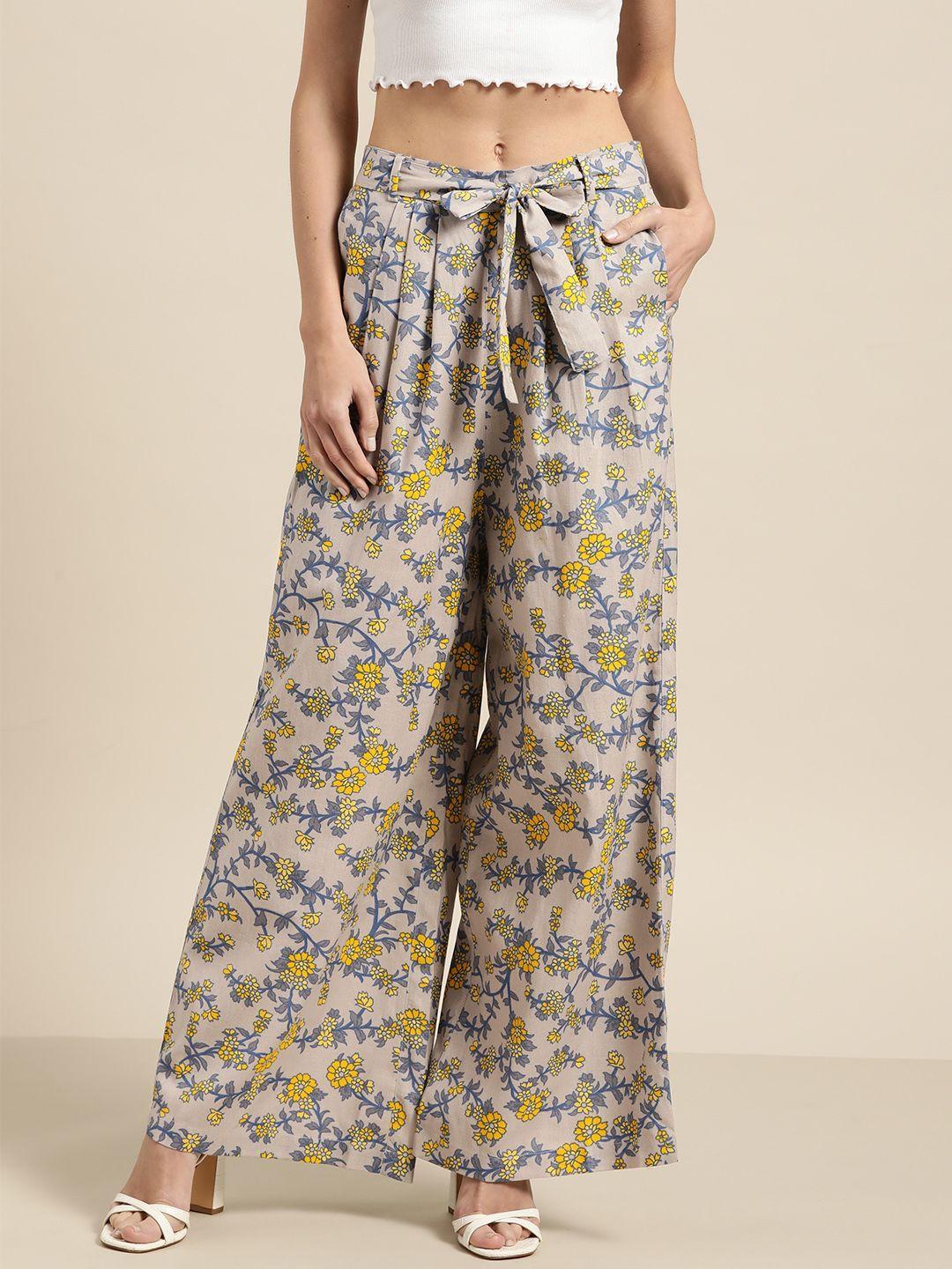 shae by sassafras women grey & yellow printed wide leg palazzos