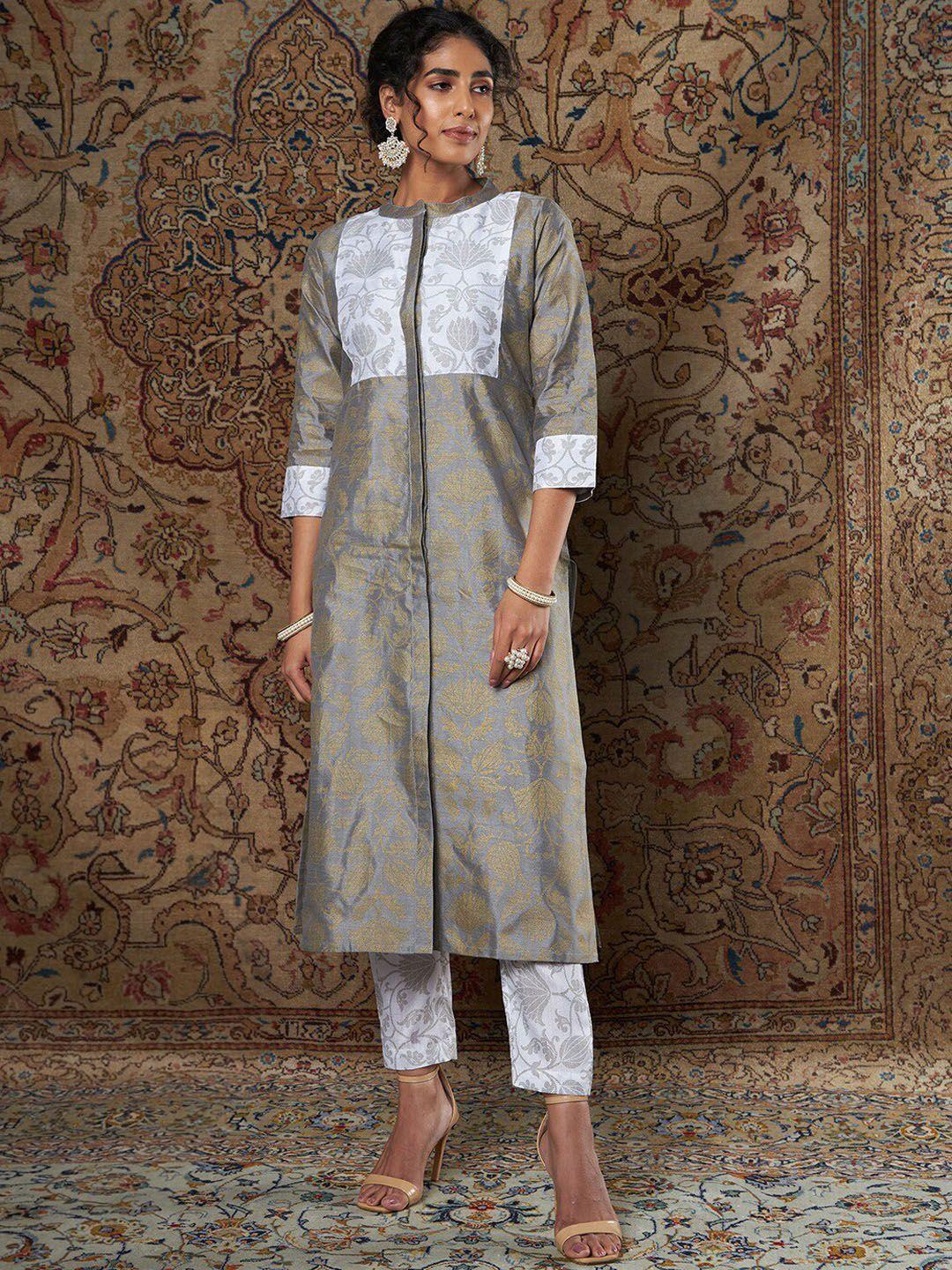 shae by sassafras women grey ethnic motifs printed indie prints brocade kurta