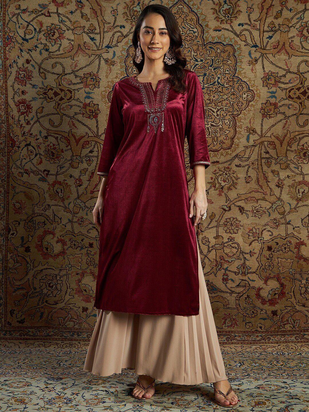 shae by sassafras women maroon & beige ethnic motifs yoke design velvet kurta