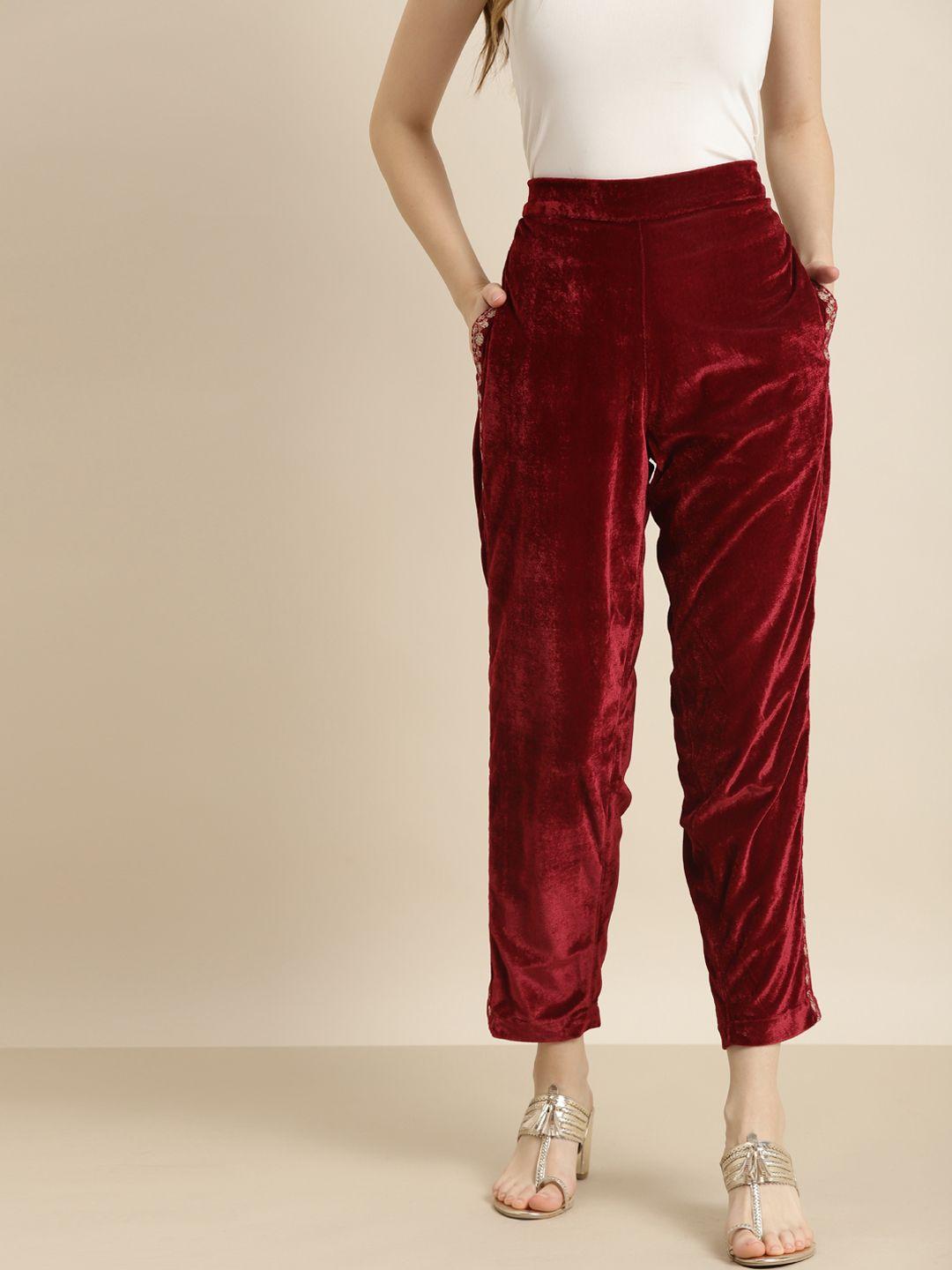 shae by sassafras women maroon embroidered tapered fit trousers